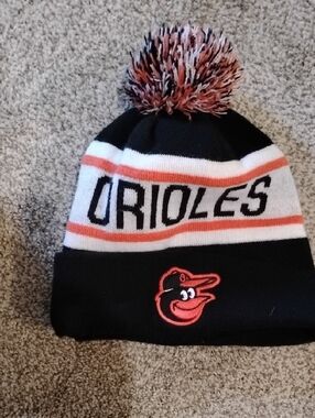 Baltimore Orioles Pom Beanie Hat in Black & Orange